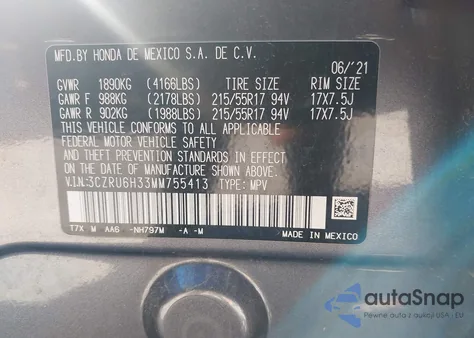 2021 Honda Hr-V Awd Lx из США, поврежденный, VIN 3CZRU6H33MM755413